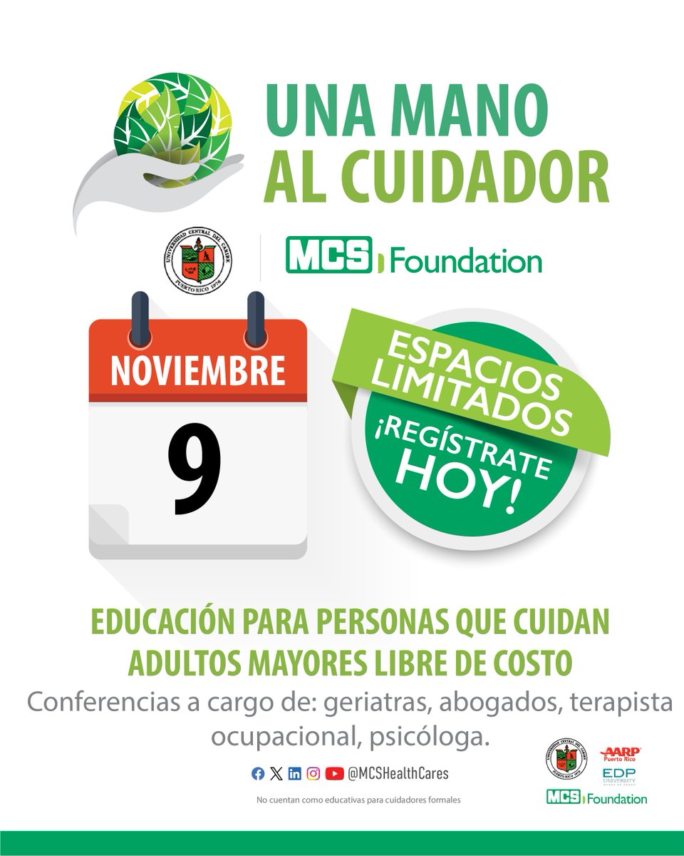 MCSHealthCares's tweet photo. ¡Atención cuidadores! Continúan celebrándose los cursos gratuitos en apoyo a los cuidadores de la Universidad Central del Caribe en colaboración con MCS Foundation. Sábado, 9 de noviembre 2024 en EDP University, Recinto de Humacao. https://t.co/nGUZdG8pnZ