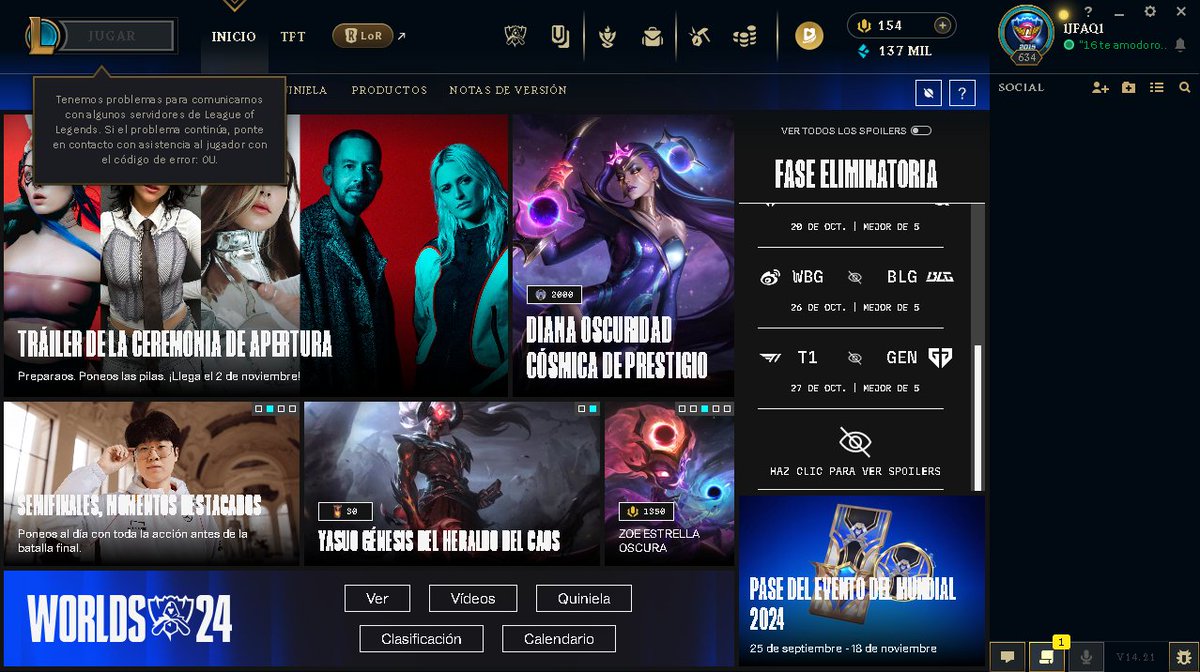 lJFAQl's tweet photo. @lol_es @LeagueOfLegends que está pasando? sa caido o que lo que, estoy bug, no me aparece ni el honor, no entiendo.

Y demás cosas.... #lol #leagueoflegends https://t.co/oA8E2PpJcu