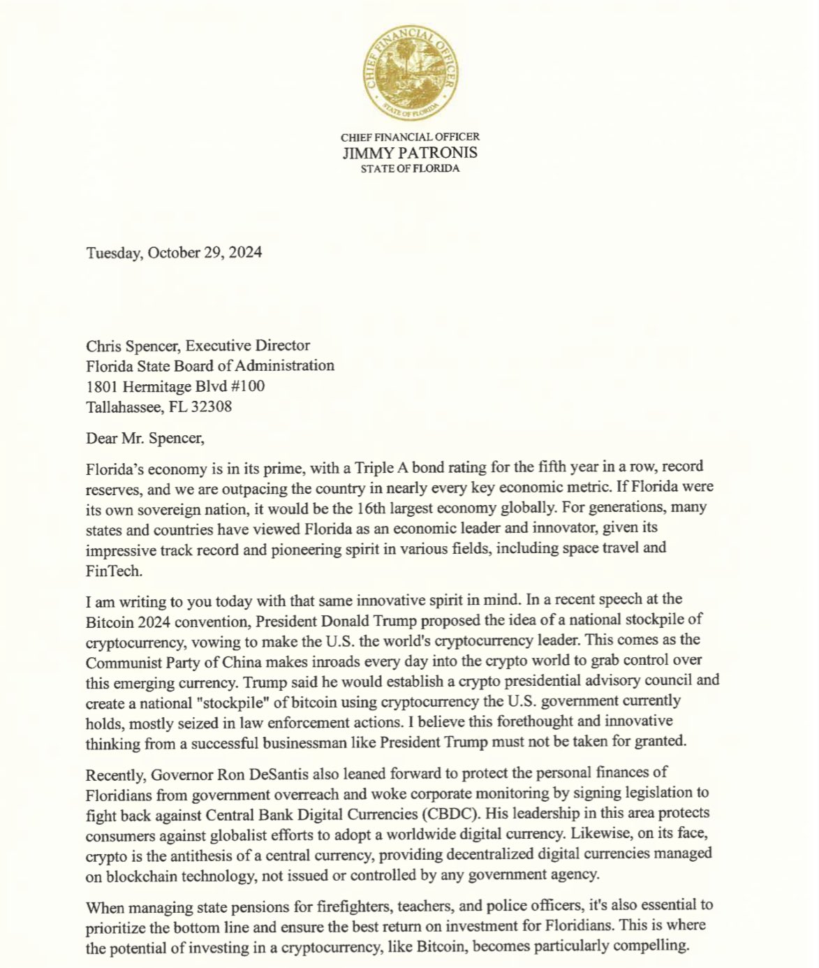 Carta del CFO de Florida