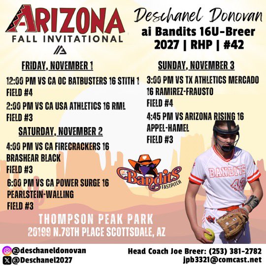 Deschanel2027's tweet photo. Here’s my schedule for this weekend in Scottsdale, Arizona for the Team NJ Fall Invitational ☀️ 🥎 #arizonafallclassic @aibanditsbreer
@MelyssaLombardi @Trisha_Ford @RussHeffley @coachjro @saragroe @djgasso @CoachBBuchanan @UKCoachLawson @chelsw20 @KaleighRafter @JoRichwood @JMan4514 @JackNLucysDad @LauraHeberling @TeamNJSoftball