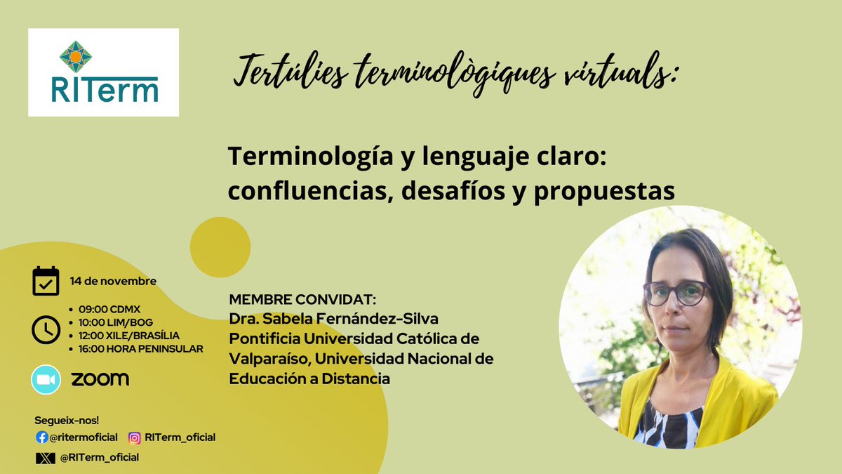 📢 El próximo 14 de noviembre os invitamos a la última tertulia terminológica del año, a cargo de la Dra. <a href="/SFernandezSilva/">SabelaFernándezSilva</a> (<a href="/pucv_cl/">PUCV</a>  y <a href="/UNED/">UNED</a>, <a href="/sistema_arText/">arText 💻✍️| Sistema de ayuda a la redacción</a>).

🗣️¡No te pierdas esta tertulia sobre #LenguajeClaro y #Terminología!

🔗Inscripciones: shorturl.at/cjhDZ