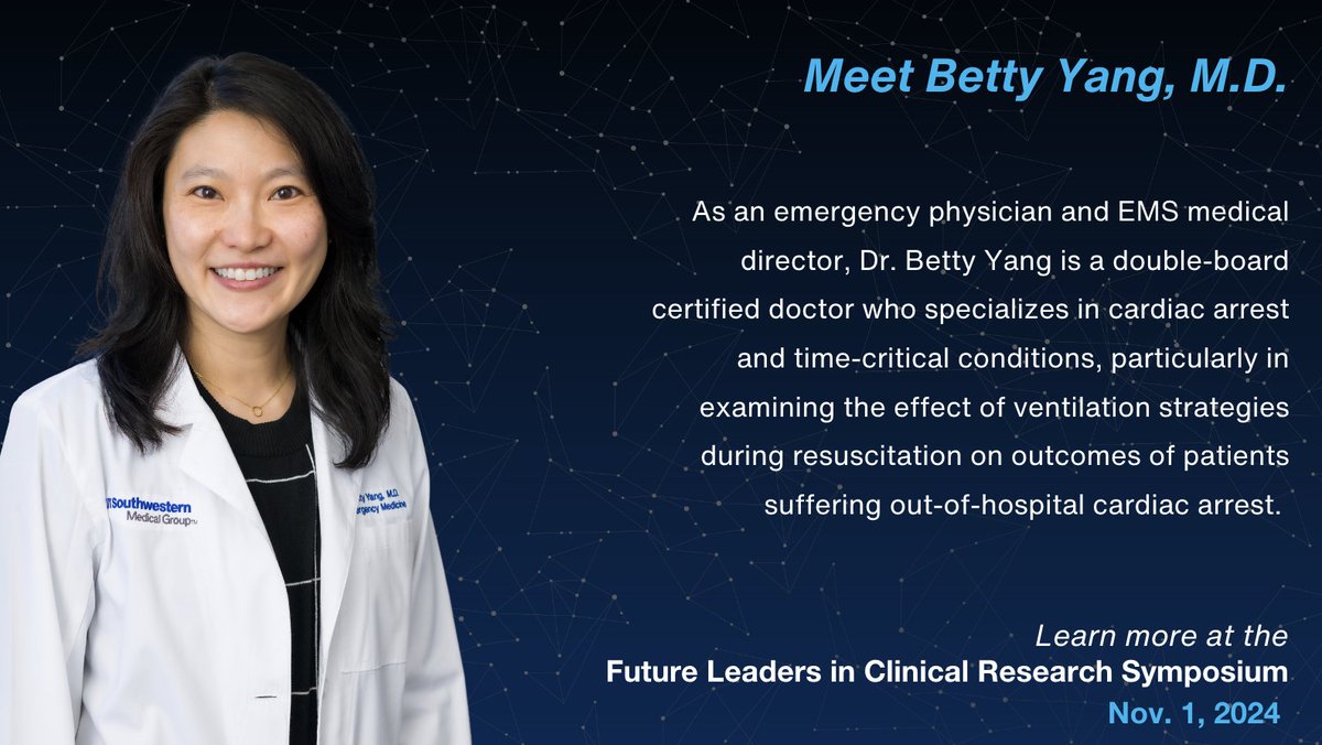 UTSW Science (@utswscience) on Twitter photo Join us on Nov. 1 for #FLICR2024 to hear how <a href="/bettyy0/">Betty Yang, MD MS</a> is exploring the effects of ventilation strategies during resuscitation on patients suffering out-of-hospital cardiac arrest. #UTSWScholar Join us on Nov. 1 for #FLICR2024 to hear how <a href="/bettyy0/">Betty Yang, MD MS</a> is exploring the effects of ventilation strategies during resuscitation on patients suffering out-of-hospital cardiac arrest. #UTSWScholar