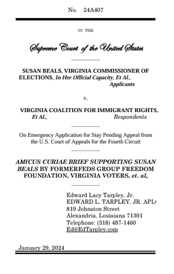 FormerFeds's tweet image. 🚨BREAKING: FormerFedsGroup Freedom Foundation (FFFF) has filed a powerful #AmicusBrief in support of Virginia&apos;s challenge to the federal injunction that mandates noncitizens be included on Virginia’s voter rolls. #ElectionIntegrity #SCOTUS

Here is the filing in full:…