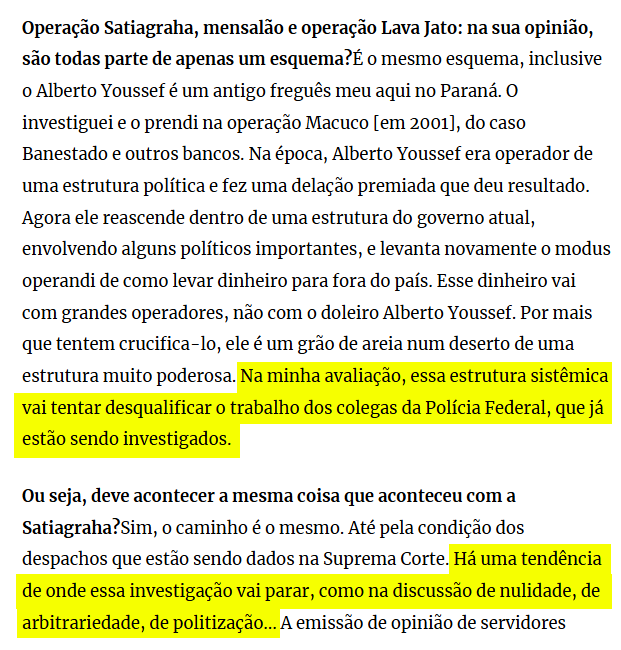 O destino da Lava Jato era tão óbvio que foi previsto ainda em 2014 pelo delegado da operação anterior que teve o mesmo fim: Protógenes Queiroz, da Satiagraha.

Ele sabia onde ela iria parar (vocês sabem) e por quais motivos (nulidade, arbitrariedade, politização).