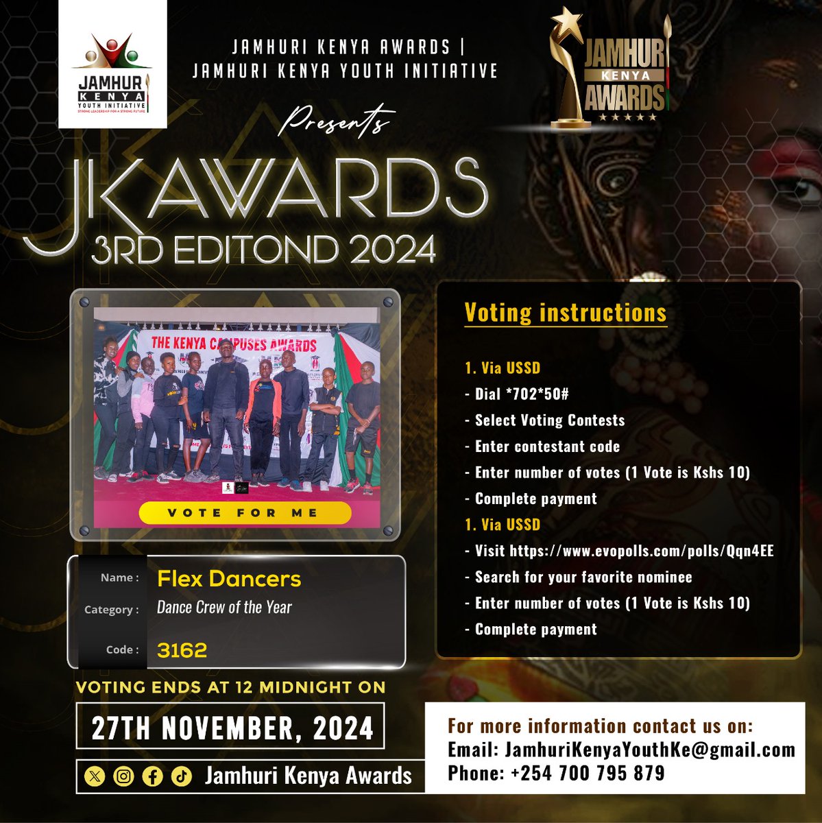 AustineOgono's tweet photo. Help us bring the award home by voting for us as the dance crew of the year. #support young kenyan talent. Click on this link https://t.co/iPz8HOlO9U and vote for FLEX DANCERS as the dance crew of the year https://t.co/nZSbM9qwgr