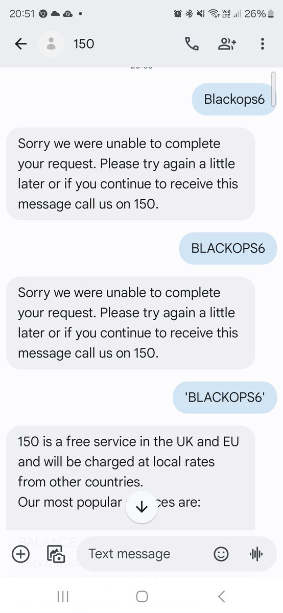 daniel1982's tweet photo. @EE 
How comes i can't text for the code for the free skin in blackops6
#BlackOps6    @EE https://t.co/HYJzyldIwU