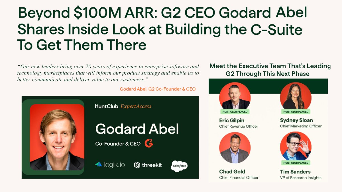 Having surpassed $100M in ARR, we’ve brought on some experienced leaders to help accelerate <a href="/G2dotcom/">G2</a>'s next phase of growth. 🚀 

<a href="/huntclubco/">Hunt Club</a> has been an instrumental partner in helping us build our #Leadership team &amp; I recently chatted with them about how we’ve aligned our