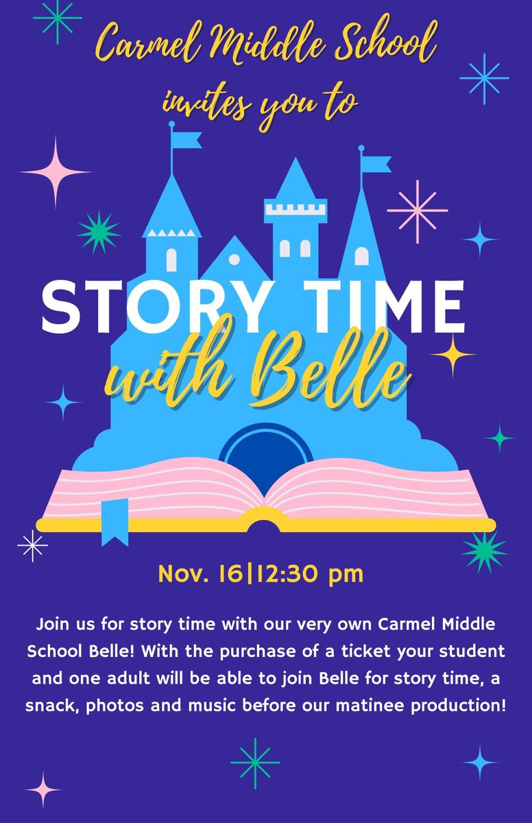 Don't miss our production of Disney's Beauty and the Beast! Nov 15-16, and also Story time with Belle for our younger crowd. Purchase tickets at: carmelms.booktix.com