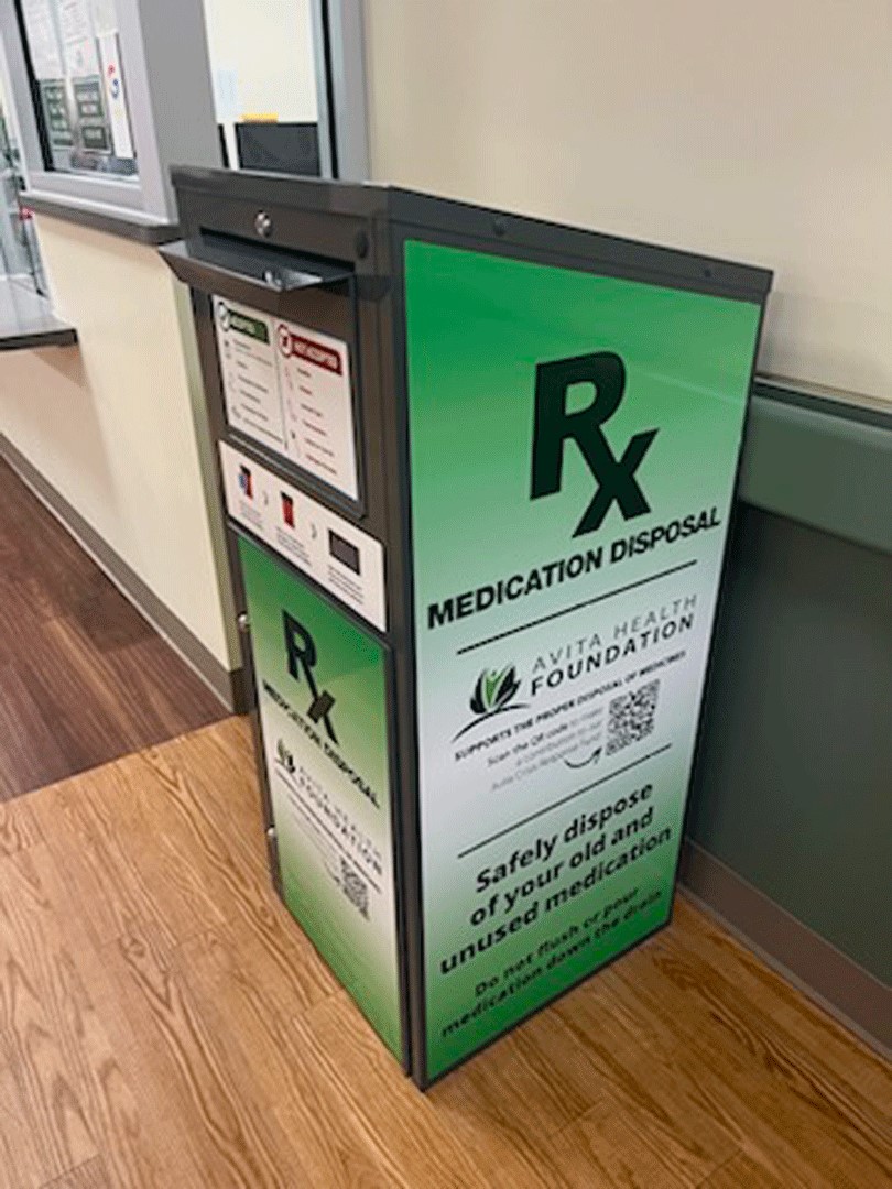 The Avita Health Foundation has installed a drug take-back bin at Ontario South Campus! If you have expired, unused, or unwanted medications, you can safely dispose of them next to the Walk-In Clinic!