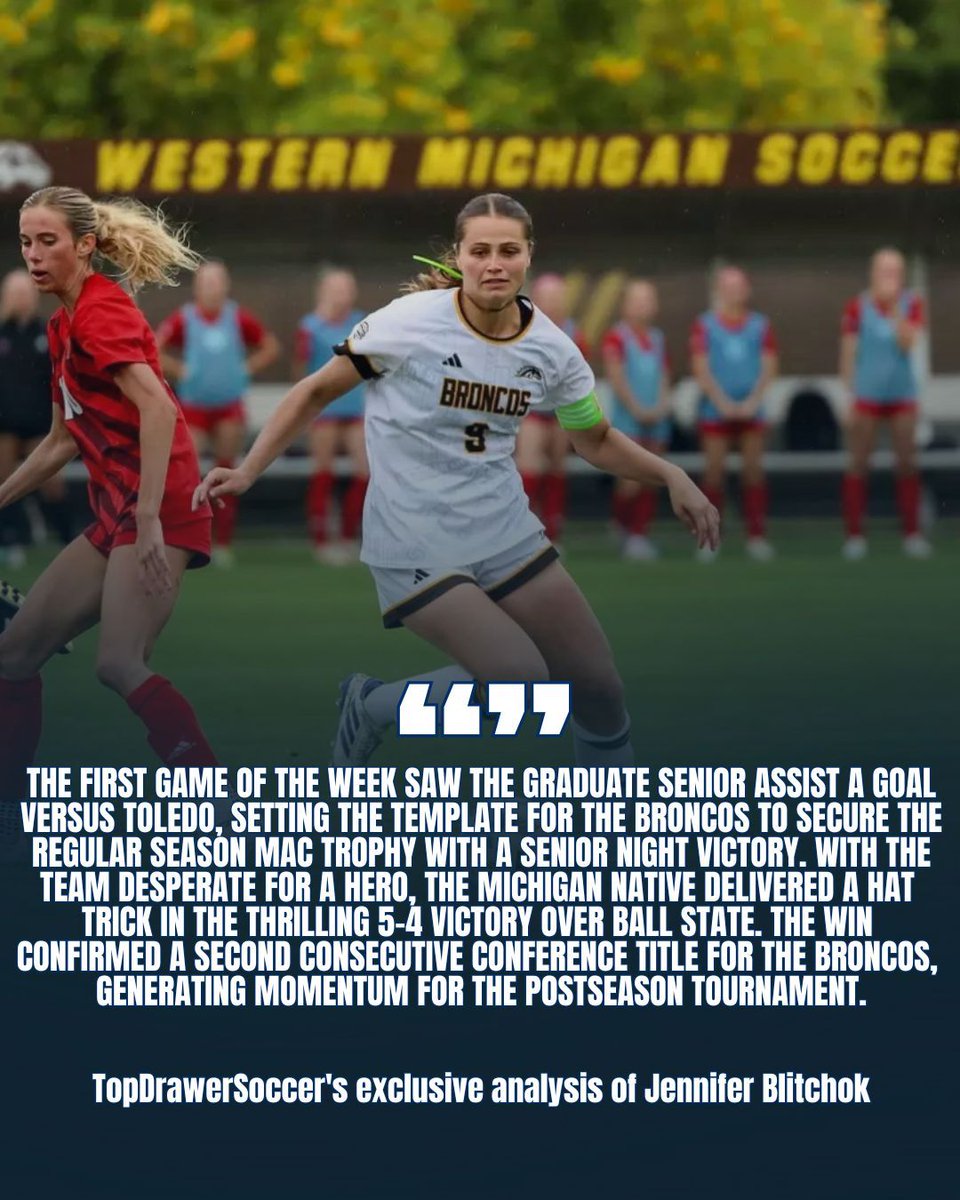 A clutch performer who delivered the game of her career to seal a conference title is the Player of the Week as <a href="/jenblitchok/">Jen Blitchok</a> shined for <a href="/WMUWomensSoccer/">WMU Women's Soccer</a>! 😤

Check out the Full Women’s Team of the Week, presented by <a href="/KwikGoal/">Kwik Goal</a> 🔥 buff.ly/48oAs7q