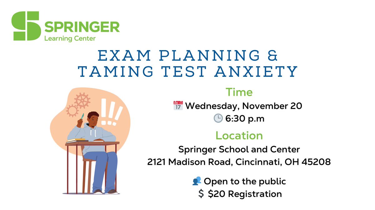Join us for Exam Planning &amp; Taming Test Anxiety! Learn evidence-based tips to reduce stress &amp; prep efficiently for exams. Ideal for high school &amp; college students, parents, &amp; educators!  square.link/u/rCamNdEp
