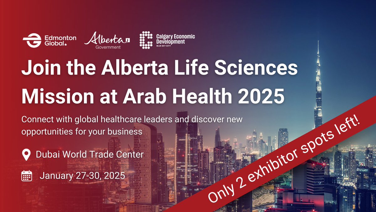 💥📣 There are only 2 exhibitor spots left for #ArabHealth2025!💥 📣  Connect with global industry leaders, explore the latest healthcare trends, and unlock business opportunities. 🤝🌍🚀  Learn more here: ow.ly/UAjN50TVE9i <a href="/YourAlberta/">Alberta Government</a> <a href="/calgaryeconomic/">Calgary Economic Dev</a> @Arab_Health