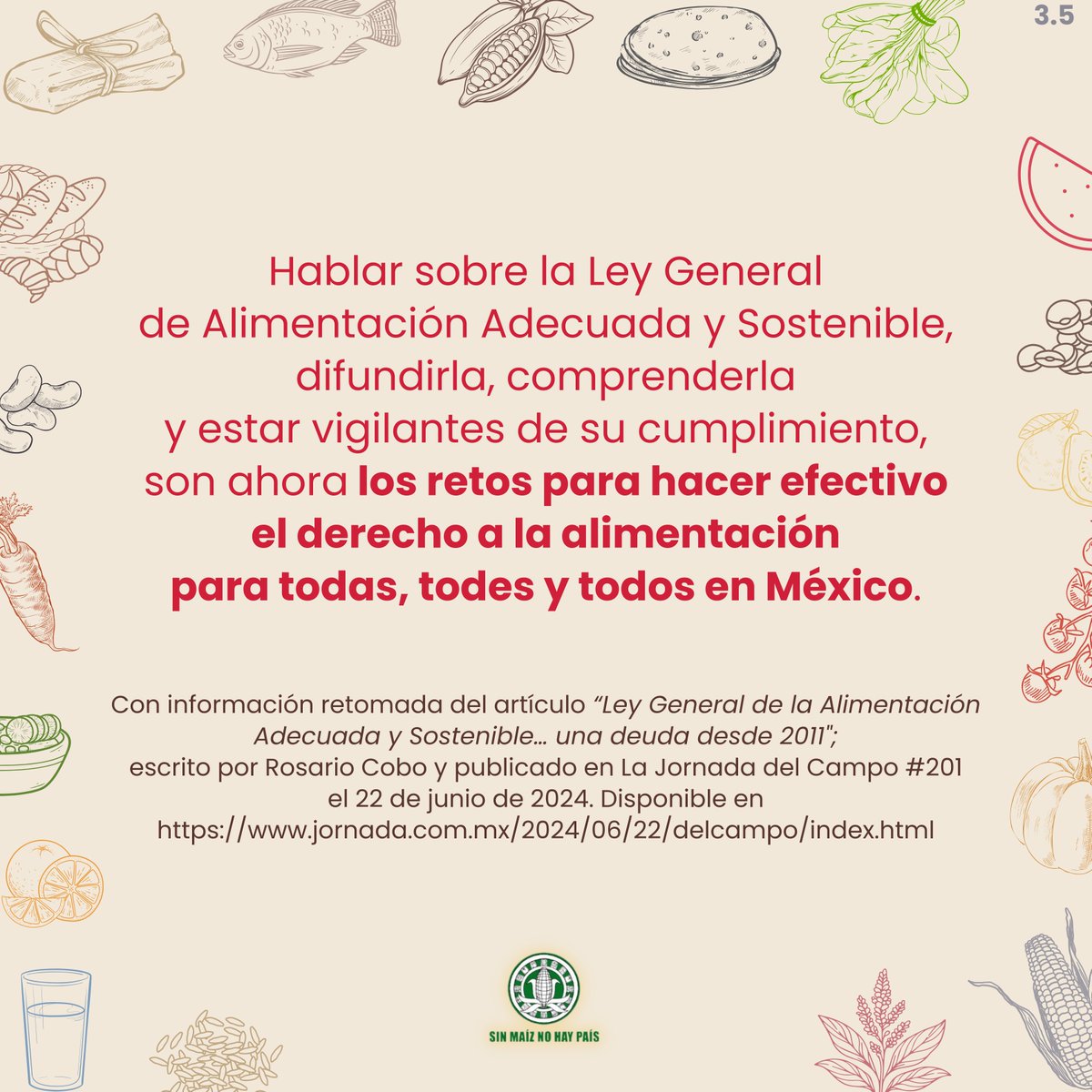 🌱 Hablar sobre la Ley General de Alimentación Adecuada y Sostenible, difundirla, comprenderla y observar su cumplimiento, son ahora los retos para hacer efectivo el derecho a la #alimentación para todas, todes y todos en México.

#AlimentaciónEsMiDerecho