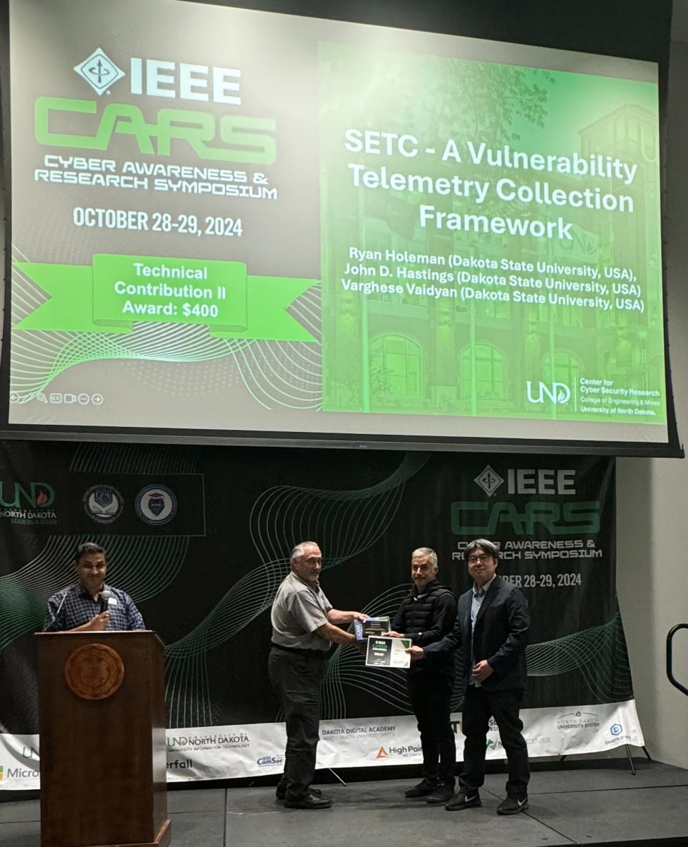 Dakota State University (@dakotastate) on Twitter photo Cyber Defense PhD student Ryan Holeman, with Dr. Hastings and Dr. Vaidyan, won one of top research paper awards <a href="/IEEEorg/">IEEE</a> conference. DSU had a strong showing, with 10 student papers accepted.
<a href="/UNDCEM/">UND College of Engineering & Mines</a> <a href="/DSU_BCCCS/">DSU-The Beacom College of Computer&Cyber Sciences</a>
#CyberDefense #DSURED #GraduateStudies #DSUCyber Cyber Defense PhD student Ryan Holeman, with Dr. Hastings and Dr. Vaidyan, won one of top research paper awards <a href="/IEEEorg/">IEEE</a> conference. DSU had a strong showing, with 10 student papers accepted.
<a href="/UNDCEM/">UND College of Engineering & Mines</a> <a href="/DSU_BCCCS/">DSU-The Beacom College of Computer&Cyber Sciences</a>
#CyberDefense #DSURED #GraduateStudies #DSUCyber