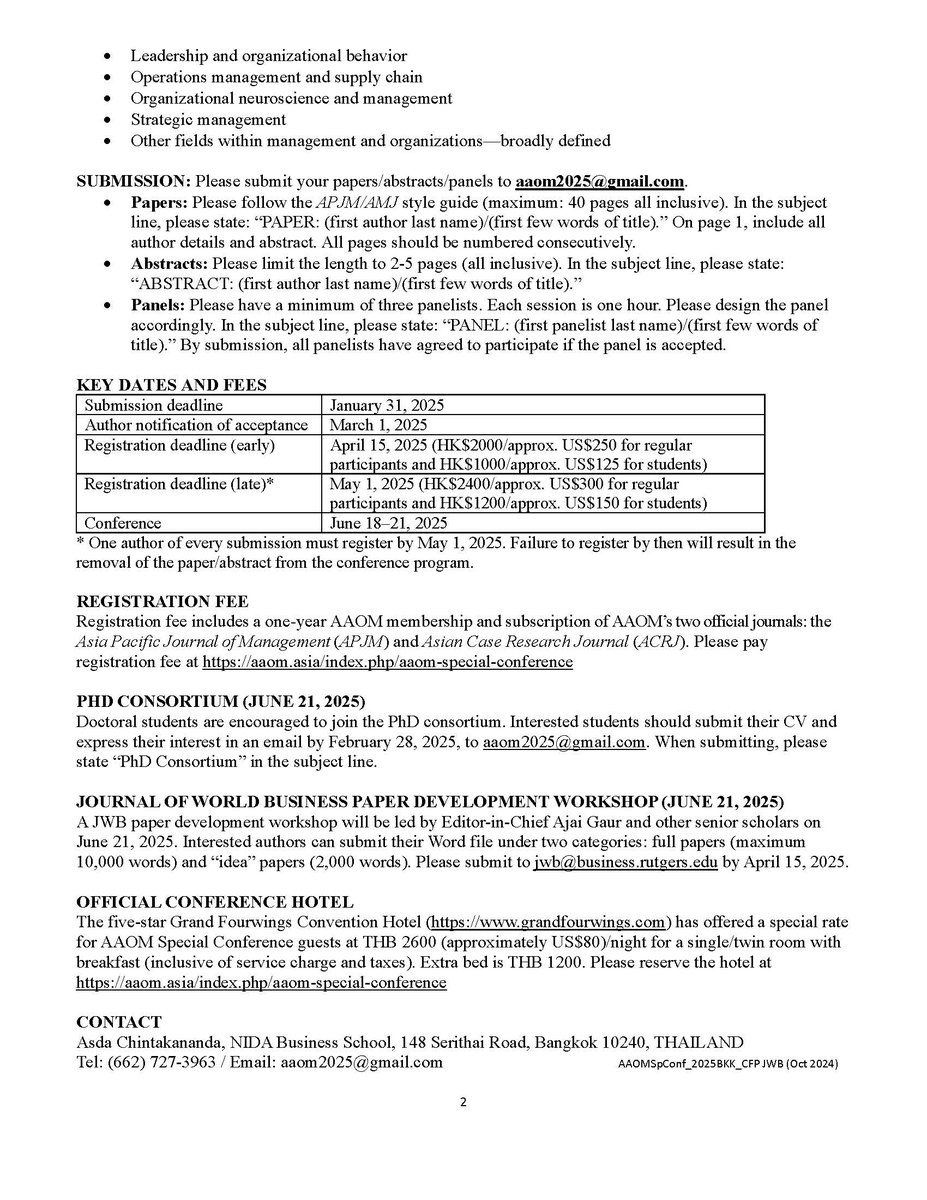 The Asia Academy of Management (AAOM)'s inaugural Special Conference will be held 18-21 June 2025 in Bangkok, Thailand. The Call for Papers deadline is 31 January 2025 (Bangkok time). Looking forward to seeing some of you in Bangkok next June!