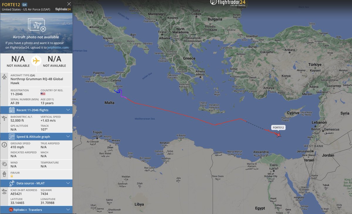 alternativewip's tweet photo. #USAF RQ-4B global hawk seen on the flight radar having departed from sigonella naval station italy, uav drone heading east across the mediterranean sea. #FORTE12 #AE5421 https://t.co/U0bdwZ0okk