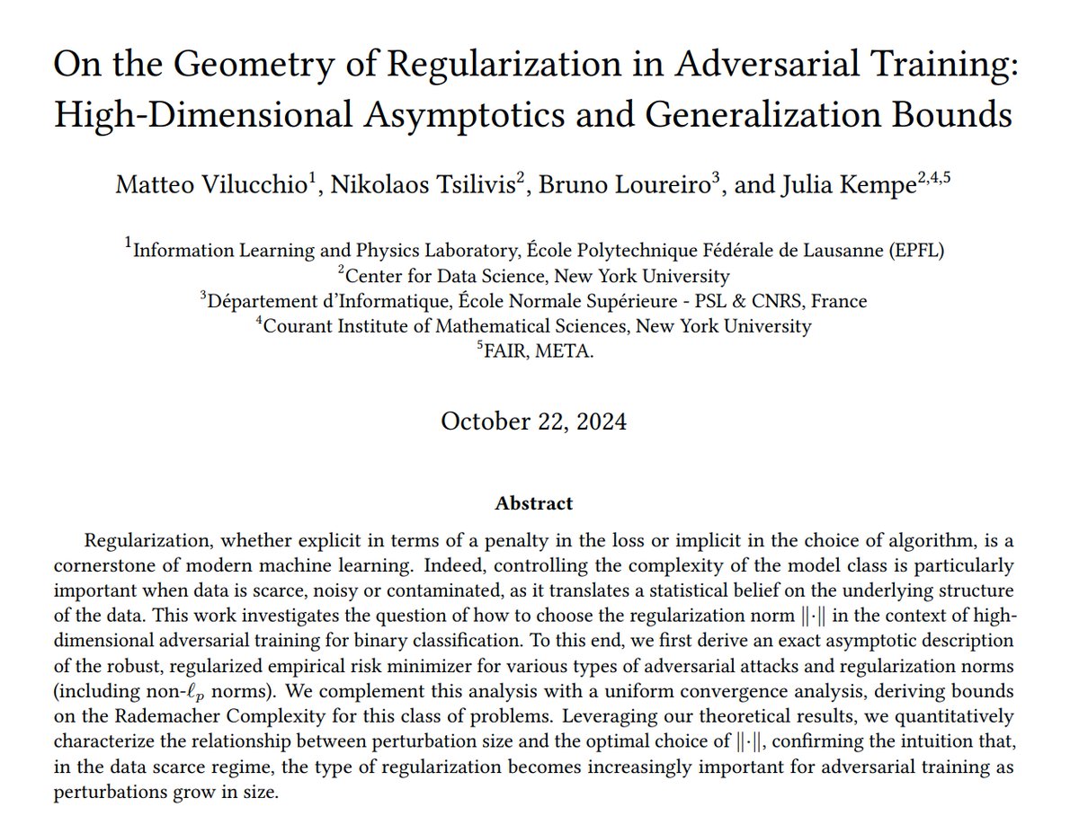Julia Kempe (@kempelab) on Twitter photo For adversarial training, the choice of regularization norm matters - a lot! Choosing the *dual* norm of the perturbation (often) helps! See
arxiv.org/abs/2410.16073 for exact bounds and theory.
With <a href="/MatteoVilucchio/">Matteo Vilucchio</a>, Nikos Tsilivis & <a href="/_brloureiro/">Bruno Loureiro</a>, <a href="/NYUDataScience/">NYU Center for Data Science</a> <a href="/ENS_ULM/">École normale supérieure | PSL</a> <a href="/EPFL/">EPFL</a> For adversarial training, the choice of regularization norm matters - a lot! Choosing the *dual* norm of the perturbation (often) helps! See
arxiv.org/abs/2410.16073 for exact bounds and theory.
With <a href="/MatteoVilucchio/">Matteo Vilucchio</a>, Nikos Tsilivis & <a href="/_brloureiro/">Bruno Loureiro</a>, <a href="/NYUDataScience/">NYU Center for Data Science</a> <a href="/ENS_ULM/">École normale supérieure | PSL</a> <a href="/EPFL/">EPFL</a>