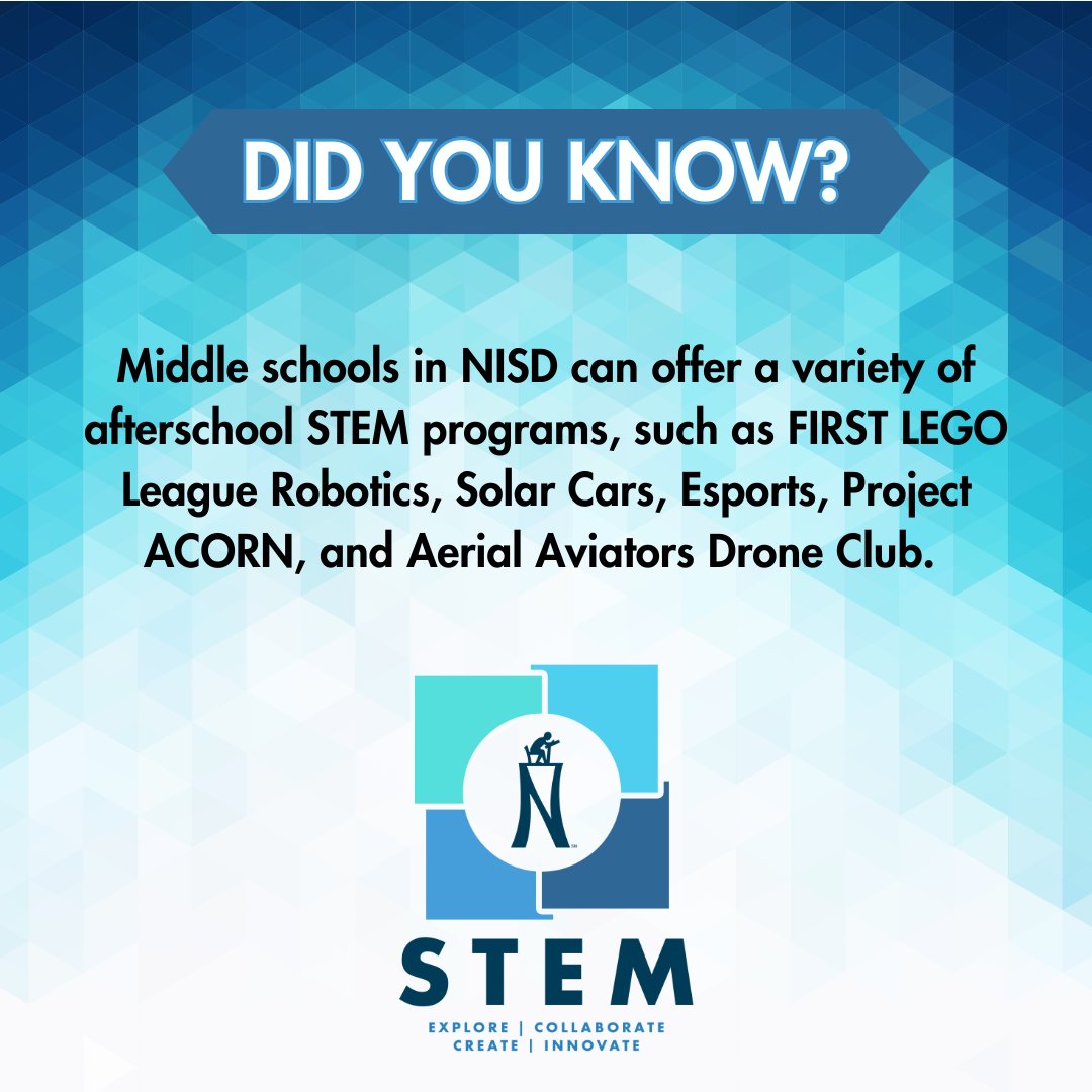 NISD Academic Tech (@nisdacadtech) on Twitter photo Middle school students can explore their passions -- from nature to robotics, there's more to learn after school. Learn more: nisd.net/district/stem-…
<a href="/NISD/">Northside ISD</a>STEM_Labs @NISD
#STEMEducation Middle school students can explore their passions -- from nature to robotics, there's more to learn after school. Learn more: nisd.net/district/stem-…
<a href="/NISD/">Northside ISD</a>STEM_Labs @NISD
#STEMEducation
