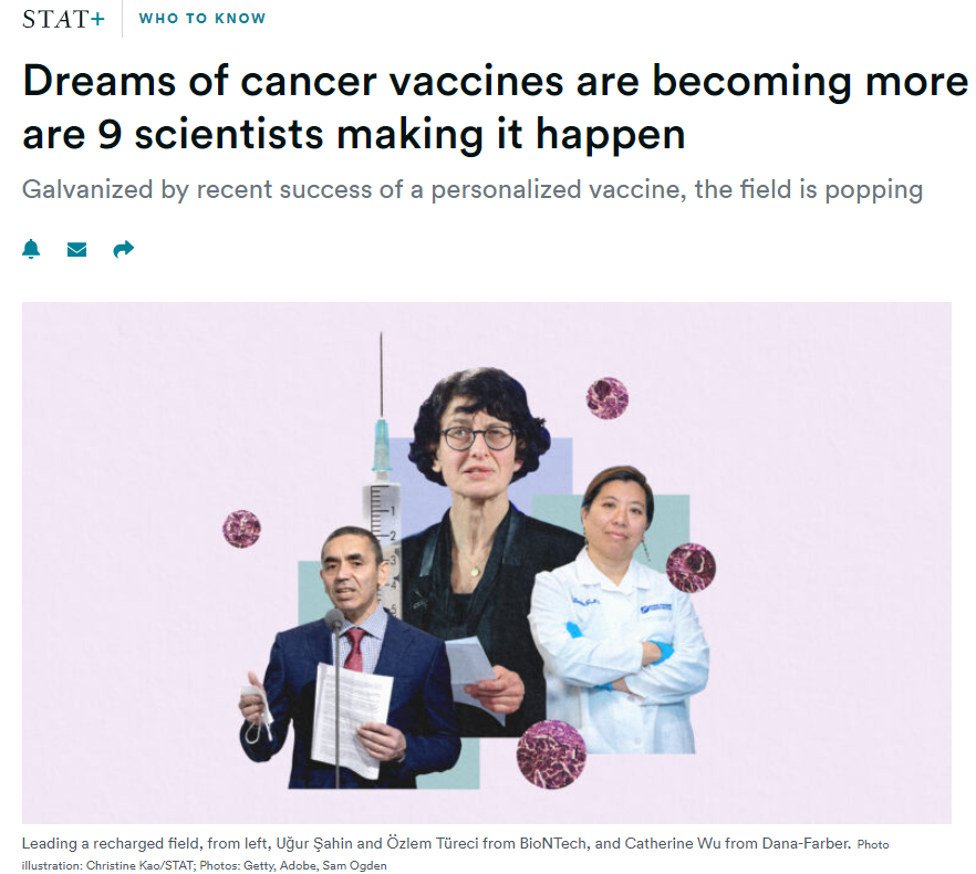 DrChoueiri's tweet photo. Our @DanaFarber own physician-scientists Drs. Cathy Wu &amp; Patrick Ott were recognized by @statnews
as two of the leading cancer researchers in the world for their work in developing personalized cancer vaccines with trials conducted @DanaFarber 

https://t.co/r9bzL0YUeZ https://t.co/xPmveN0Tuo
