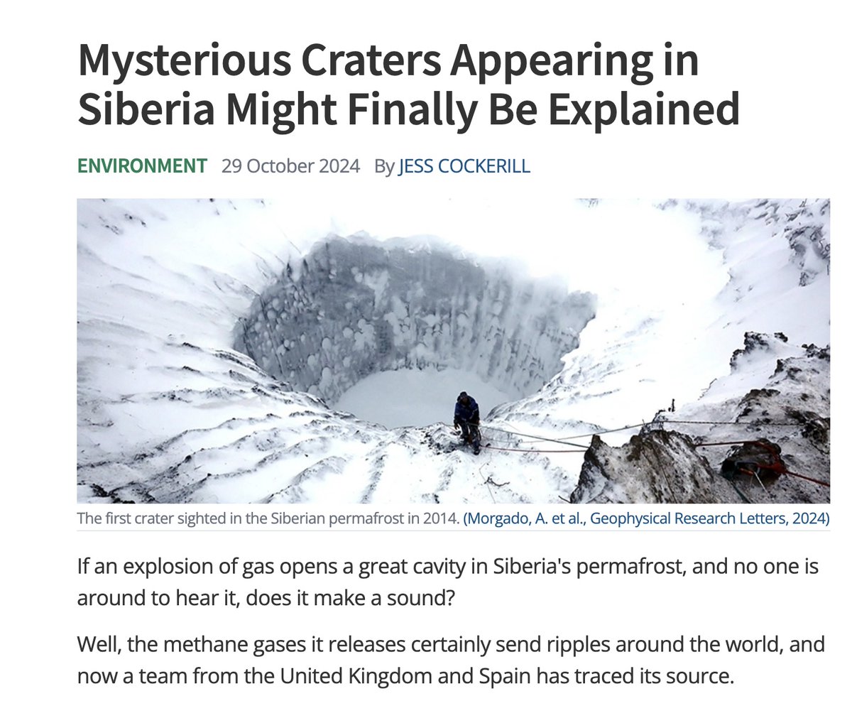 Revkin's tweet photo. Fine @jess_cockerill story on a fascinating hypothesis about the bizarre Siberian blast-style permafrost holes I wrote on long ago. Links appended shortly. 1/ https://t.co/T8TUKNK7hz