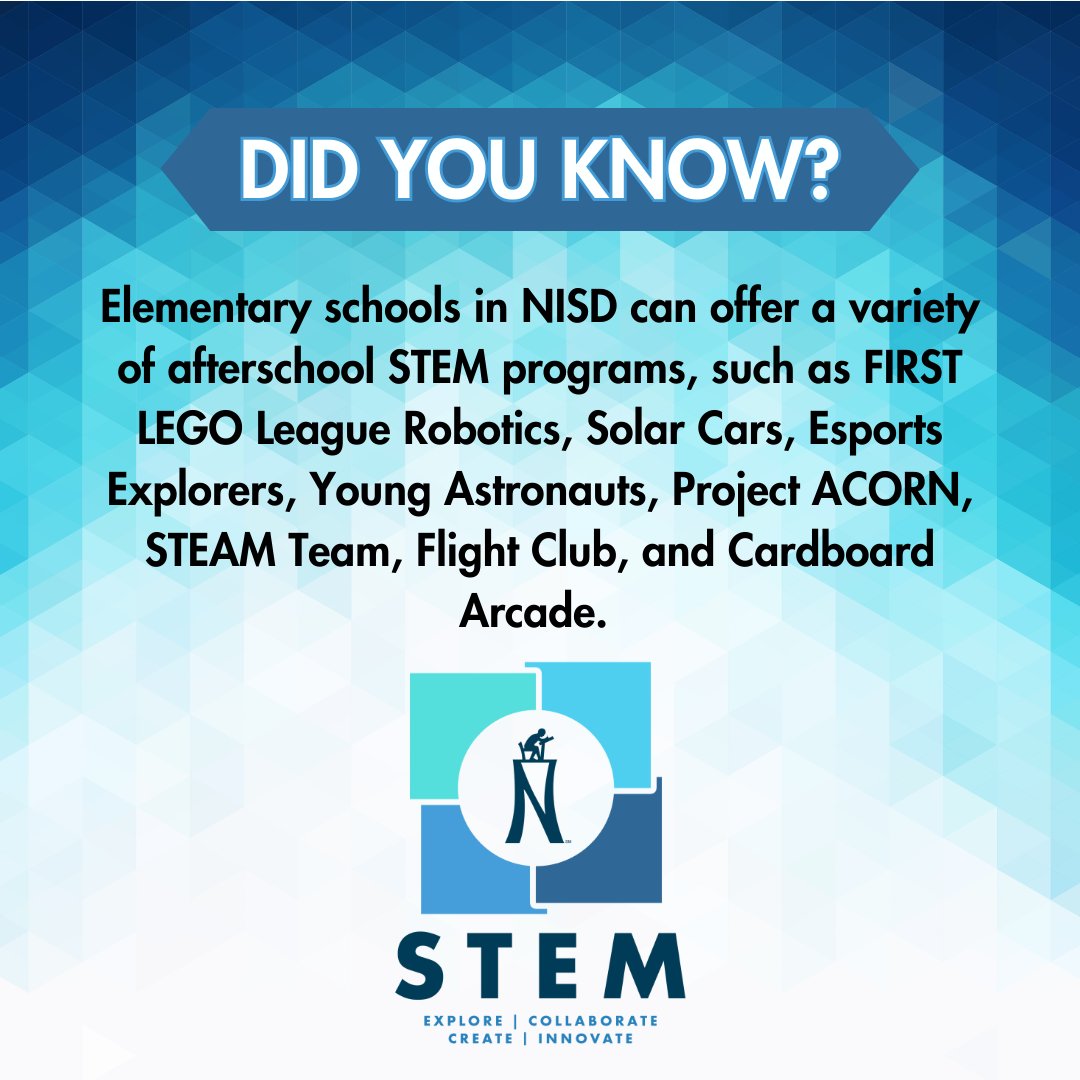 NISD Academic Tech (@nisdacadtech) on Twitter photo 🔍✨ Our elementary after-school clubs offer fun and engaging STEM activities that spark curiosity and creativity. Ask your campus which programs they offer. nisd.net/district/stem-…
<a href="/NISD/">Northside ISD</a> #STEMEducation 🔍✨ Our elementary after-school clubs offer fun and engaging STEM activities that spark curiosity and creativity. Ask your campus which programs they offer. nisd.net/district/stem-…
<a href="/NISD/">Northside ISD</a> #STEMEducation
