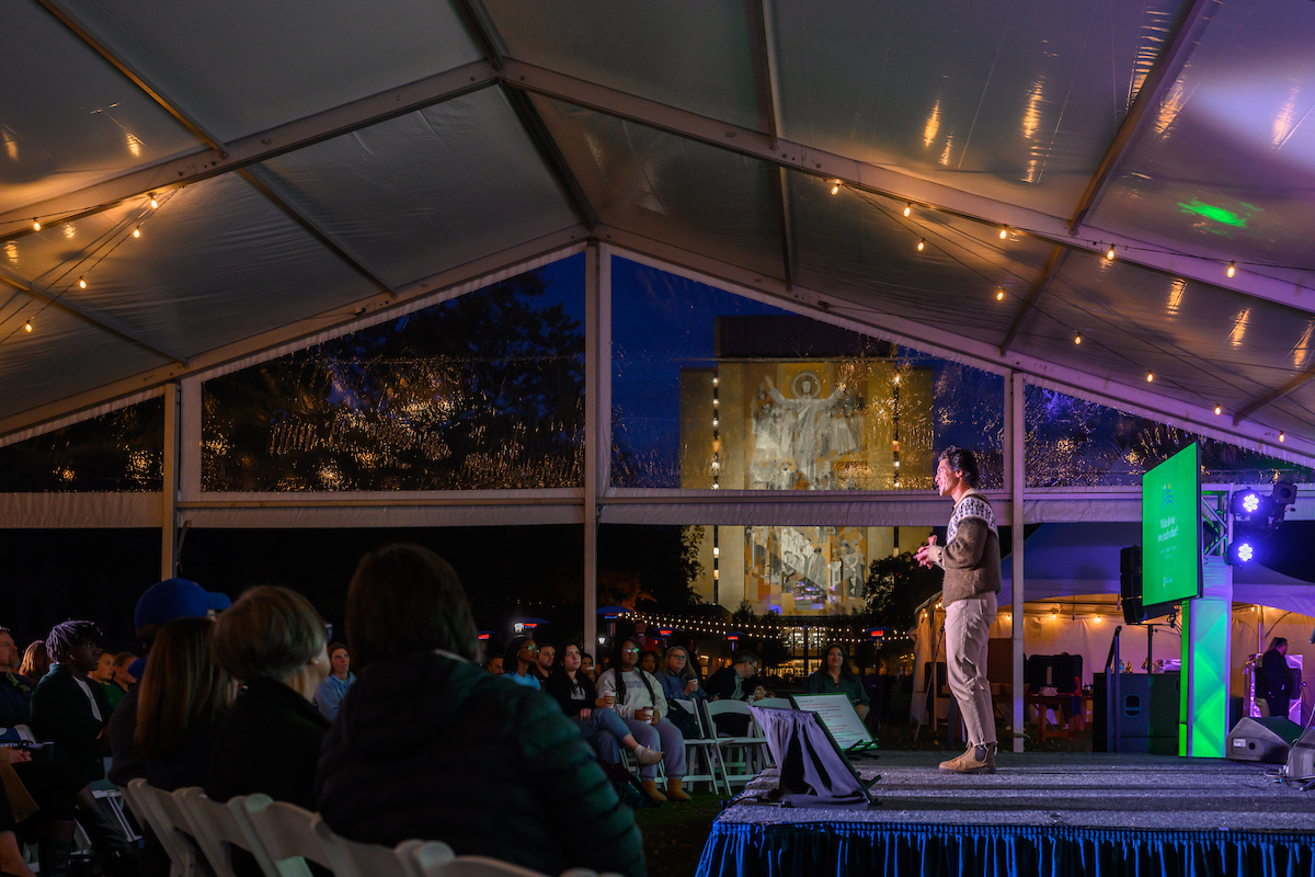 We're back under the Word of Life mural at 7 p.m. for night two of the #NDForum's Fr. Ted Talks.

Join us as we hear from Monica Caponigro ’25, Alex Sejdinaj ’15, Meera Bhakta ’26, and University President Father Dowd '87.