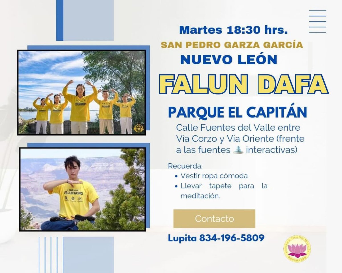 Atención Nuevo León, los esperamos para aprender juntos los ejercicios y meditación de Falun Dafa. 🧘🏻‍♀️ 💛 🧘🏻‍♂️ 
¡No falten! 
¡Actividades gratuitas! 
¡Falun Dafa Es Bueno!