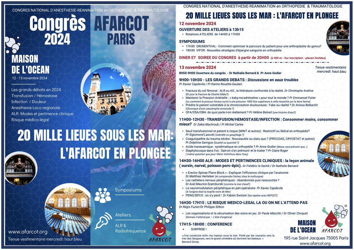 Anne Godier (@godieranne) on Twitter photo L'AFARCOT c'est ds 2 semaines! A Paris,Maison de l'Océan🪼 d'habitude fermé au public.
Congrès atypique: topos, ateliers et sympos, ms aussi surprises, invités imprévus et du spectacle🦀(+soirée cocktails/musique)
Il reste qq places: afarcot.org
<a href="/SFAR_ORG/">SFAR Anesthésie Réanimation</a> <a href="/AJARParis/">AJAR Paris 🗼</a> L'AFARCOT c'est ds 2 semaines! A Paris,Maison de l'Océan🪼 d'habitude fermé au public.
Congrès atypique: topos, ateliers et sympos, ms aussi surprises, invités imprévus et du spectacle🦀(+soirée cocktails/musique)
Il reste qq places: afarcot.org
<a href="/SFAR_ORG/">SFAR Anesthésie Réanimation</a> <a href="/AJARParis/">AJAR Paris 🗼</a>