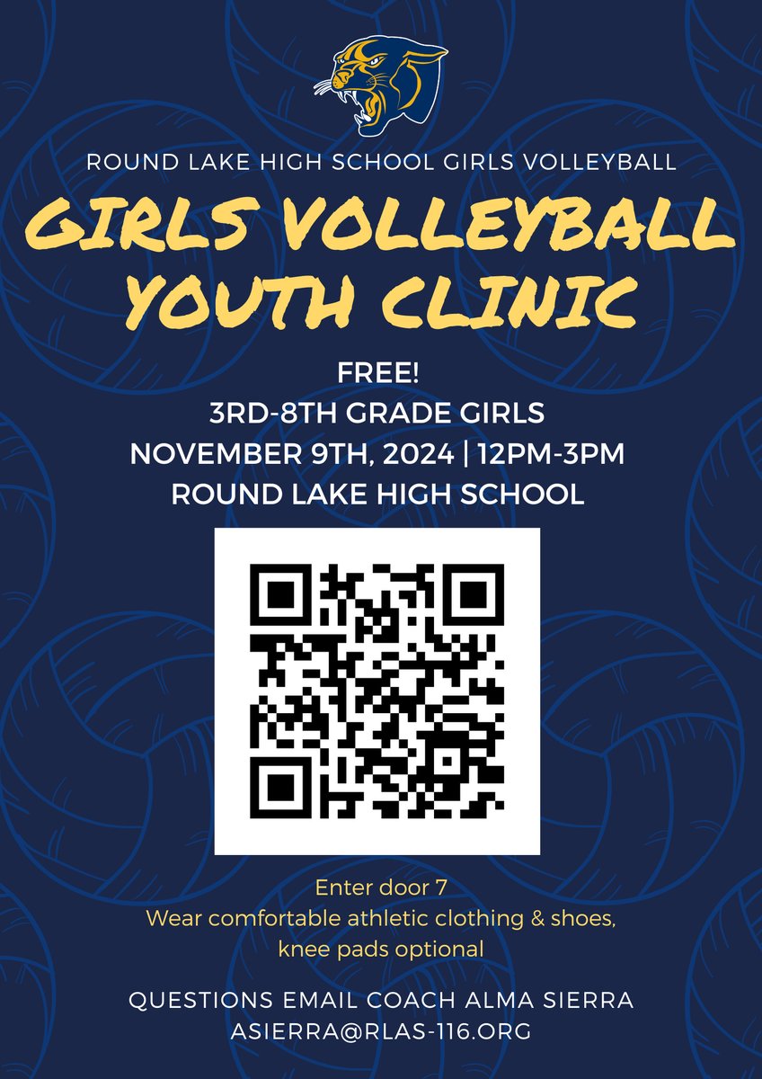 AthleticsRL's tweet photo. The RLHS girls' volleyball program is hosting a youth volleyball clinic for 3rd-8th grade girls on November 9th from 12-3pm.  Please see the QR code to sign up!  #WeAreRL #PantherPRIDE https://t.co/uYQpXxktcf