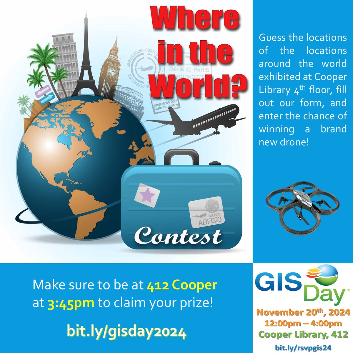Recognize any of these locations? Come out to our Where in the World competition on GIS Day and correctly identify awesome locations around the globe for the chance to win fabulous prizes!
Three weeks until GIS Day!
#mappytuesday