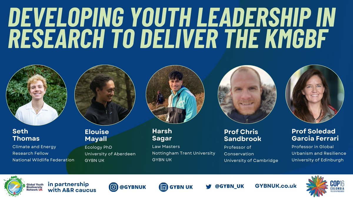 GYBN_UK's tweet photo. Today we held an event at the Academic &amp; Research Hub on the role of youth leadership in ensuring policy is evidence-informed. Thank you to @csandbrook &amp; Prof Garcia Ferrari, for joining our members @ElouiseMayall  and @harshsebs, &amp; @zethdafer for his excellent chairing!

#COP16 https://t.co/QwxlB6VEYf
