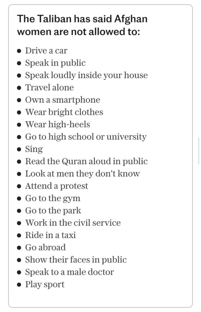 NumbZombieMom's tweet photo. The taliban made it illegal for women to hear other women’s voices. Which means they can no longer seek medical care (since male doctors are illegal for them to see). It’s so ironic protesters don’t care what happens there.
Here is a list of what’s illegal to women in Afghanistan https://t.co/DOYLOGbPMe