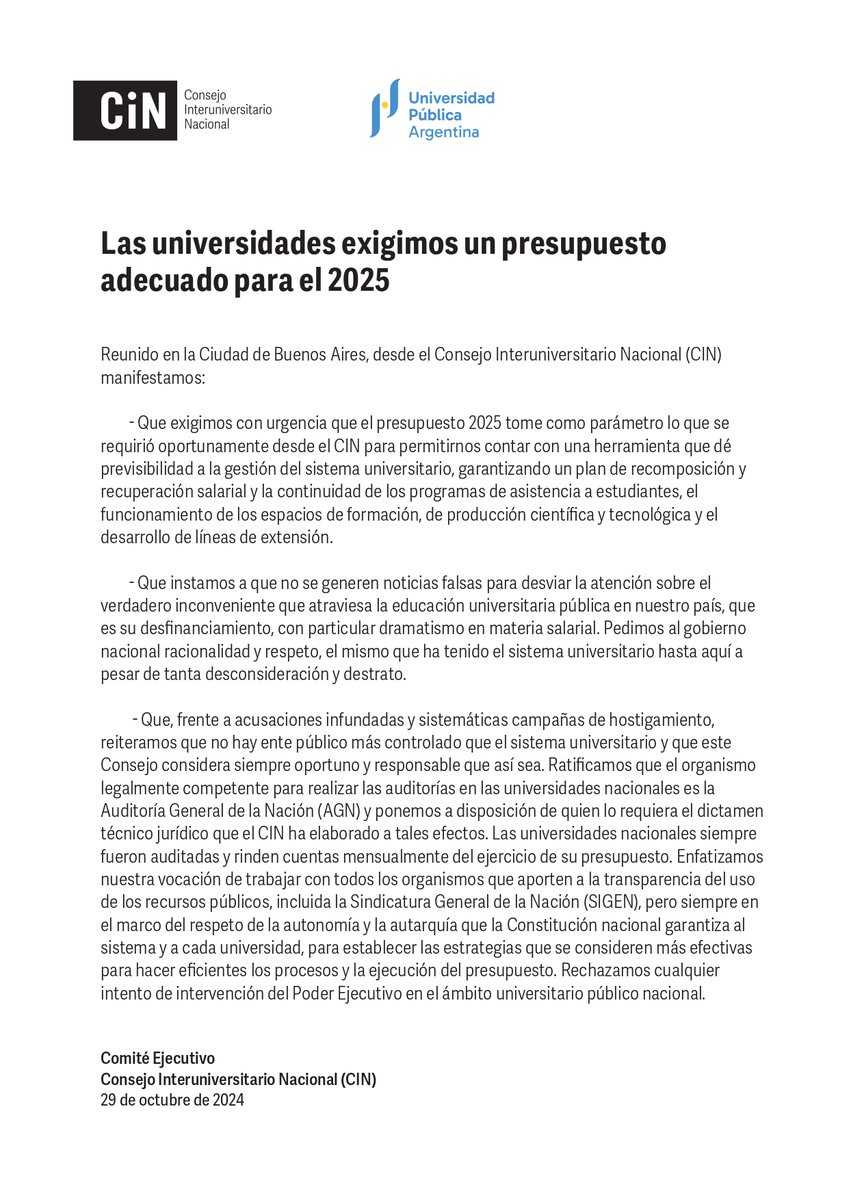 "Rechazamos cualquier intento de intervención del Ejecutivo en el ámbito universitario"

El CIN enfatizó "la vocación de trabajar con todos los organismos que aporten transparencia, incluida la Sigen" y aclaró: "Siempre que se respete la autonomía y autarquía de la universidad".