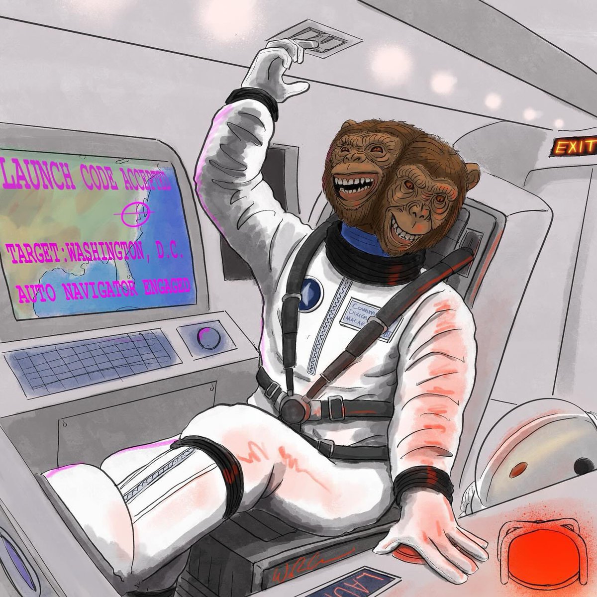 #Inktober2024 X #HartmanMonstroween2024 day 29: “Navigator” X “the Two-Faced Ape acquires the nuclear launch codes”

Commander Douglas MacArthur III of Space Force decides to destroy his makers. 🙈🙉

#Inktober #illustration #digitalart #art #horror #halloween #atompunk #raypunk