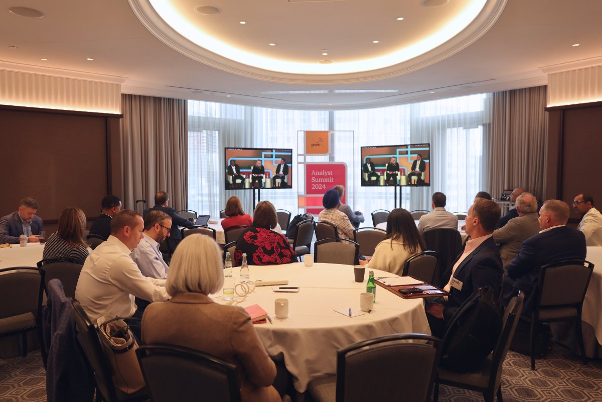 PwCUS's tweet photo. As the first day of our 2024 Analyst Summit concludes, we’re reflecting on the exciting topics covered. From sessions on #AI and risk #resilience to #sustainability, check out a few key moments below! https://t.co/aVW8yFjV9h