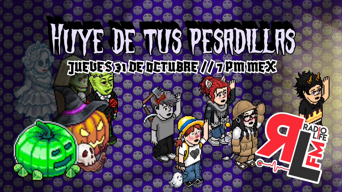 Regresa la dinámica de:
💀 HUYE DE TUS PESADILLAS👻

🎈¿Alguna vez has imaginado que tus pesadillas te persiguen? 👀

🔥Ven disfruta de este Halloween junto a nosotros, ¿vas a huir o dejaras que te atrapen? 🧟‍♂️🎃

🔦Jueves 31 de Octubre🍭7pm🇲🇽
🌟SOLO POR RADIOLIFEFM.COM🌟