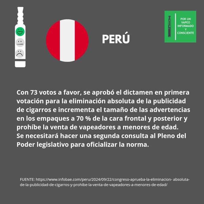 PERÚ POR UN VAPEO INFORMADO CONSCIENTE Con 73 votos a favor, se aprobó el dictamen en primera votación para la eliminación absoluta de la publicidad de cigarros e incrementa el tamaño de advertencias en los empaques a 70 % de la cara frontal y posterior y prohíbe la venta de vapeadores a menores de edad. Se necesitará hacer una segunda consulta al Pleno del Poder legislativo para oficializar la norma
