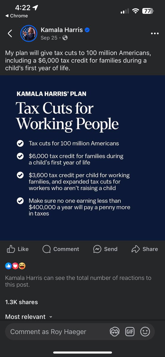 rhaeger's tweet photo. @jaketapper watching the Lead. Did you say that you didn’t hear Harris say she would give tax cuts to 100 million people? From her FB page: https://t.co/87msRd2Tqr