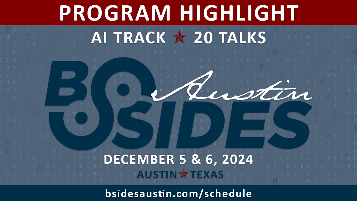 BSides Austin (@bsidesaustin) on Twitter photo Love it or not, we must contend w/ AI. #BSidesAustin includes a track of 20 talks covering the intersection of #AI & #security!
@epicschmidtz @Iamnotbrett @mcdwayne @vimokumar <a href="/deadsec_13/">deadsec</a> @rnbwkat <a href="/BobbyKuzma/">Bobby Kuzma</a> <a href="/SecurityBSides/">Security BSides</a> <a href="/BSidesSATX/">BSides San Antonio / BSidesSATX</a> <a href="/AustinISSA/">Austin ISSA</a> <a href="/dc512/">Defcon 512</a>
bsidesaustin.com/schedule/ Love it or not, we must contend w/ AI. #BSidesAustin includes a track of 20 talks covering the intersection of #AI & #security!
@epicschmidtz @Iamnotbrett @mcdwayne @vimokumar <a href="/deadsec_13/">deadsec</a> @rnbwkat <a href="/BobbyKuzma/">Bobby Kuzma</a> <a href="/SecurityBSides/">Security BSides</a> <a href="/BSidesSATX/">BSides San Antonio / BSidesSATX</a> <a href="/AustinISSA/">Austin ISSA</a> <a href="/dc512/">Defcon 512</a>
bsidesaustin.com/schedule/