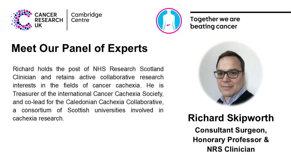 CRUK Cambridge Centre: Pancreatic Cancer Programme (@crukcampanccan) on Twitter photo 👋Meet our panel of experts - Dr Richard Skipworth
<a href="/RichSkipworth/">Richard Skipworth</a>, a Consultant Surgeon & Honorary Professor <a href="/EdinburghUni/">The University of Edinburgh</a>, <a href="/CancerCachexia/">Cancer Cachexia Society</a> <a href="/Caleycachexia/">Caledonian Cachexia Collaborative</a> in our next #WorldPancreaticCancerDay💜webinar on #Cachexia!
Sign up & submit your question TODAY👉shorturl.at/bj4R9 👋Meet our panel of experts - Dr Richard Skipworth
<a href="/RichSkipworth/">Richard Skipworth</a>, a Consultant Surgeon & Honorary Professor <a href="/EdinburghUni/">The University of Edinburgh</a>, <a href="/CancerCachexia/">Cancer Cachexia Society</a> <a href="/Caleycachexia/">Caledonian Cachexia Collaborative</a> in our next #WorldPancreaticCancerDay💜webinar on #Cachexia!
Sign up & submit your question TODAY👉shorturl.at/bj4R9