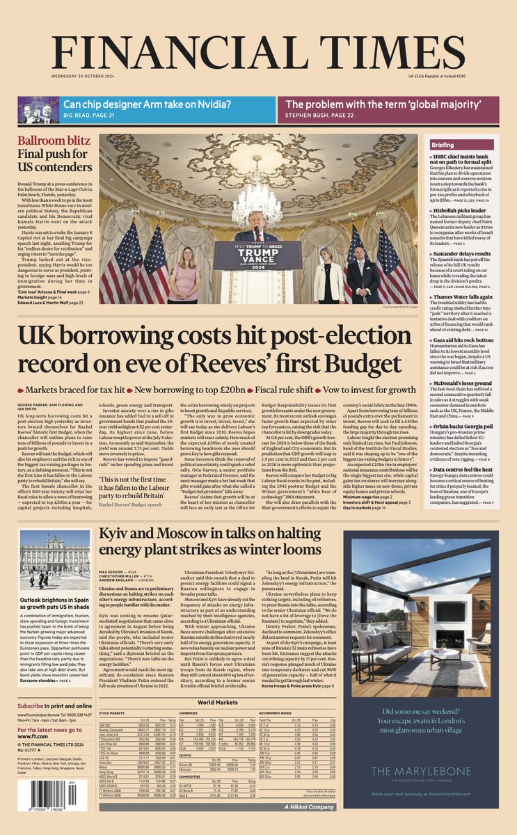 FT's tweet photo. Just published: front page of the Financial Times, UK edition, Wednesday 30 October https://t.co/09LBupOYVY https://t.co/XV0bYGV1PW