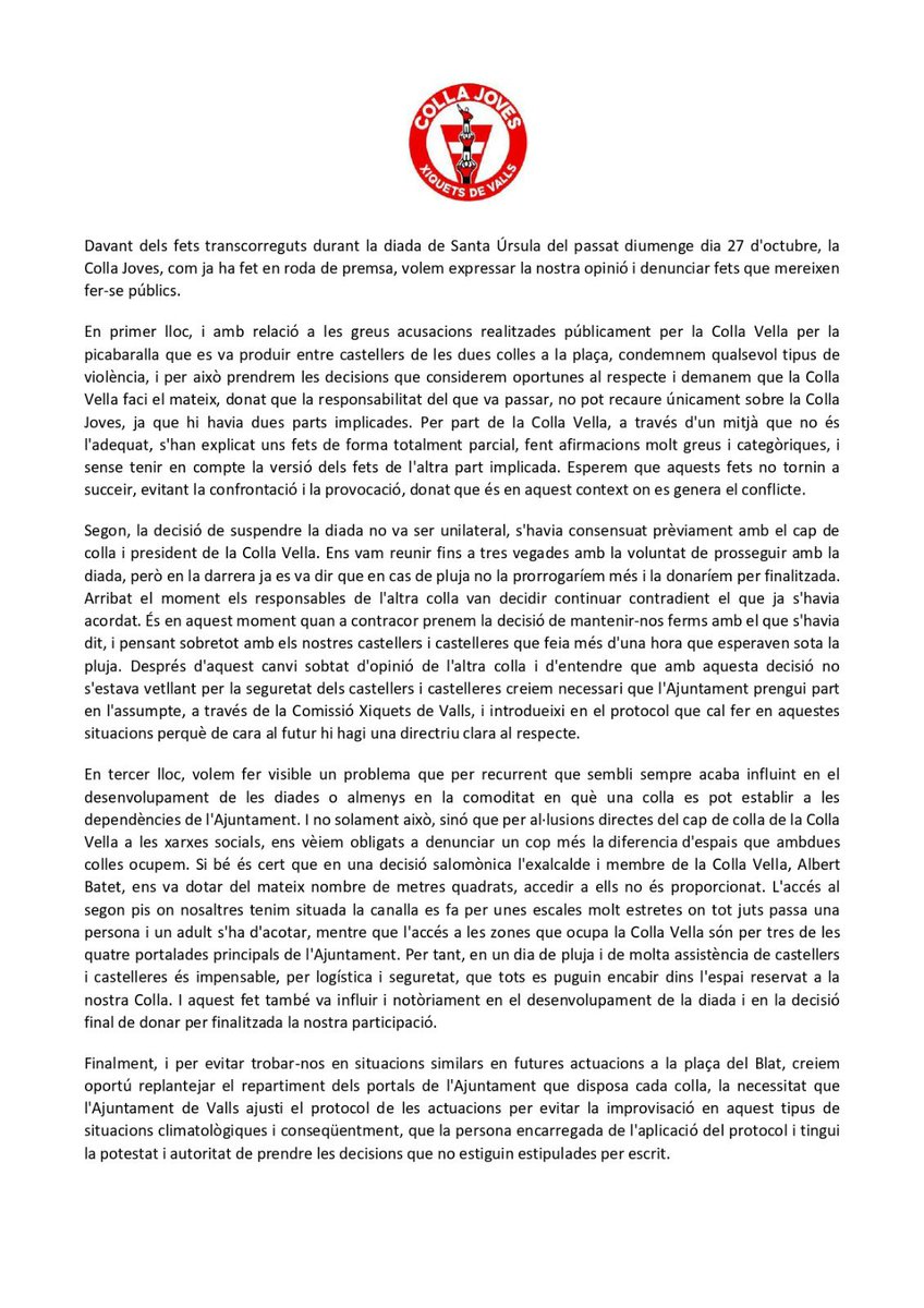 Comunicat oficial de la Colla Joves amb relació a la situació viscuda a la Diada de Santa Úrsula 2024. 

#castells #castellers #castelleres
