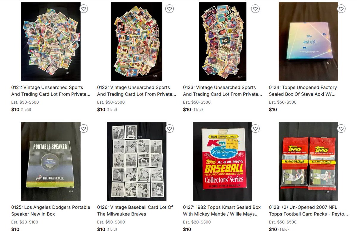 Todays Estate Sale Highlights open for Bids right now:  Vintage Unsearched Mystery Boxes of Sports Cards, Unopened Steve Aoki Topps Box, Dodgers Portable Speaker, Unopened 2007 NFL Rack Packs, Mickey Mantle 1982 Topps Kmart Factory Sealed Set. No Reserves - Link in the Bio!!!!