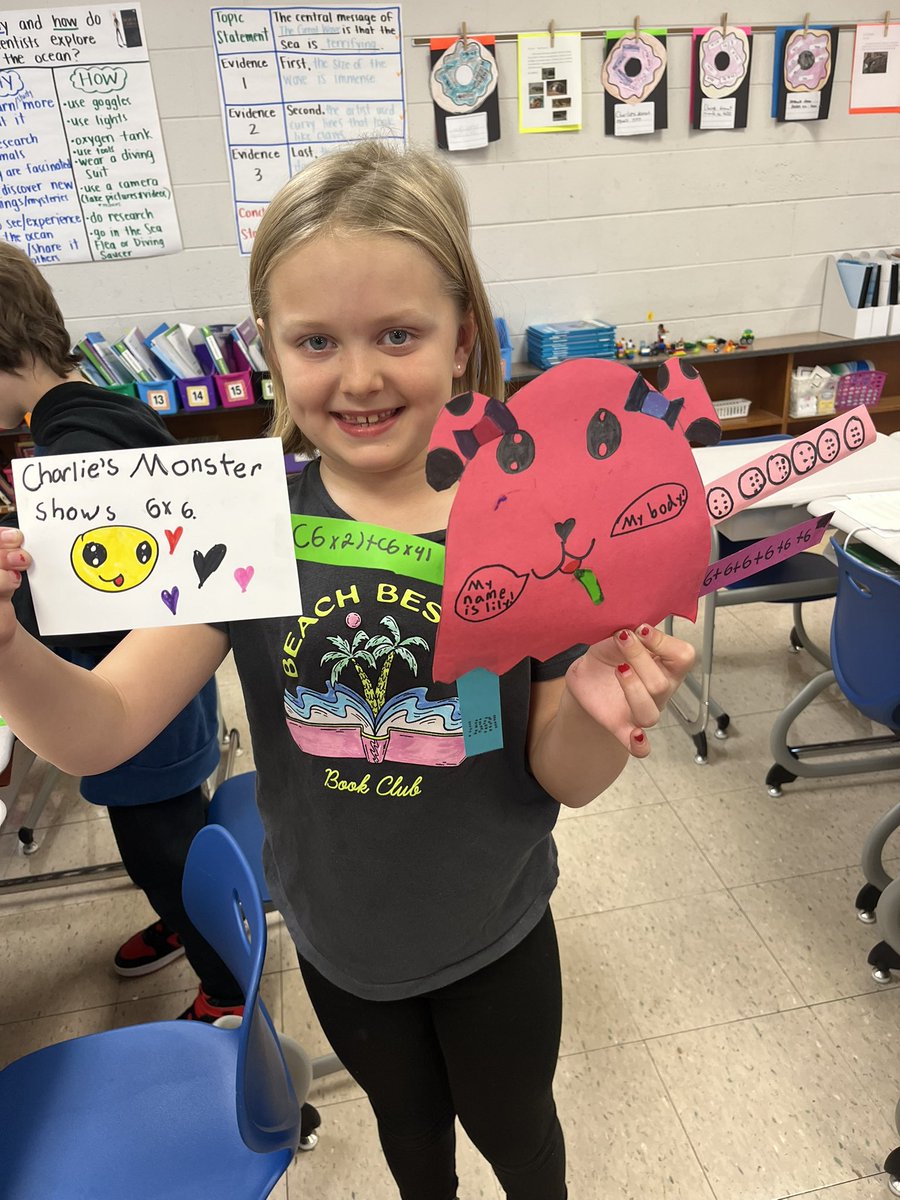LaurieCorrNPSD's tweet photo. 3rd graders at @OakPark_NPSD made multiplication monsters to show the many ways they can represent and solve a multiplication problem! So much creativity from these #Mathknights ๐๐น https://t.co/rLKfTLLril