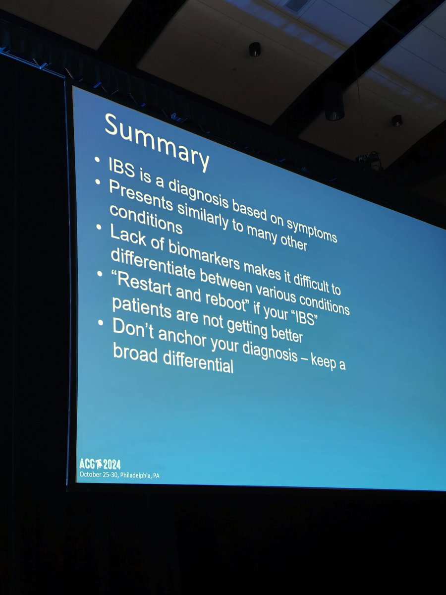 Symposium 4: How to address abdominal pain
🔹️Great 5 case summary presentation 'Take Another Look -Beyond IBS' by <a href="/Lavanyamd/">Lavanya Viswanathan MD, MS, FACG, FACP</a> #ACG2024 
<a href="/AmCollegeGastro/">ACG</a> <a href="/LinChangMD/">Lin Chang</a> 
#ACGInPhilly🔔