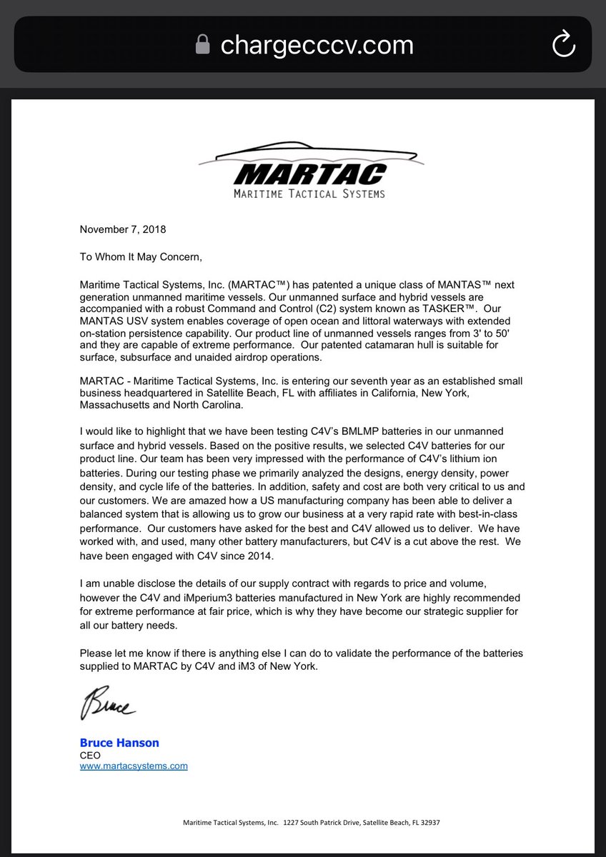 stringfellow__1's tweet image. So John claims to invest in martac (a pvt co btw) and says he gets a letter from the ceo to saying tech is great in testing exc he pulls a letter from c4vs site and removes the date! 4 yrs before im3ny built. U stuffed up pricey. $mns #im3ny  original: chargecccv.com/assets/pdf/MAR…