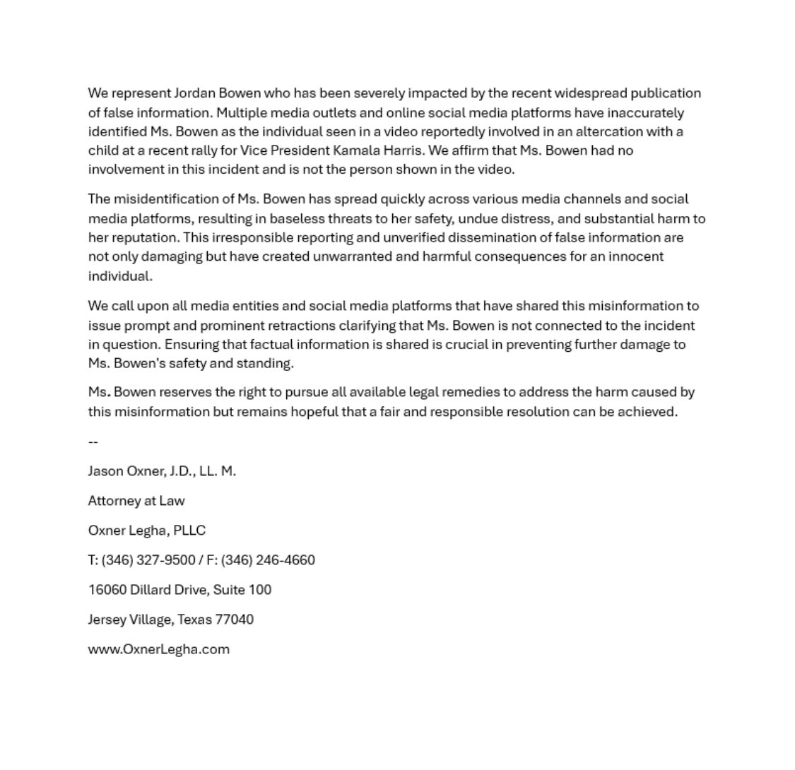 JaneLesnick's tweet photo. @teameffujoe This is Misinformation - ID debunked. Also, here is the letter from her lawyers, which has been posted on X already: https://t.co/Crabl71efU