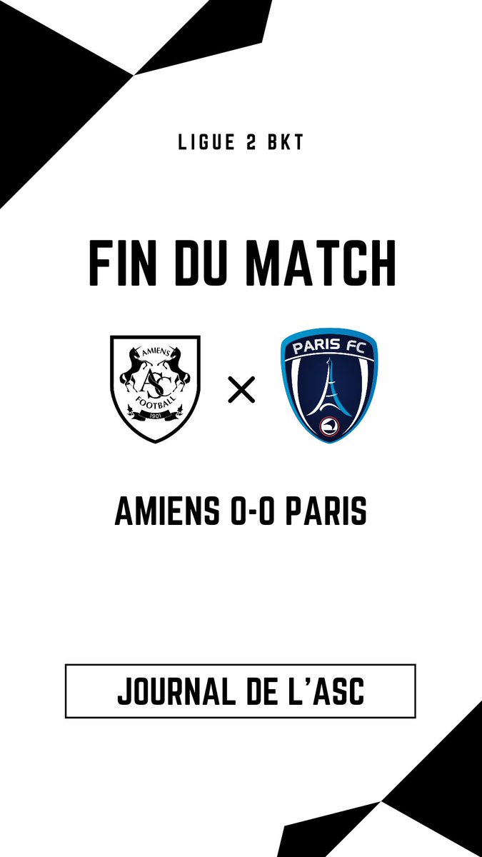 PeupleAmienois's tweet photo. ⚽ | 𝗙𝗶𝗻 𝗱𝘂 𝗺𝗮𝘁𝗰𝗵
C'est terminé au Stade Crédit Agricole la Licorne et l'Amiens SC tient en échec (0-0) le Paris FC, leader de cette Ligue 2 BKT ! ⚫⚪
#ASCPFC https://t.co/HexXBNmv3d