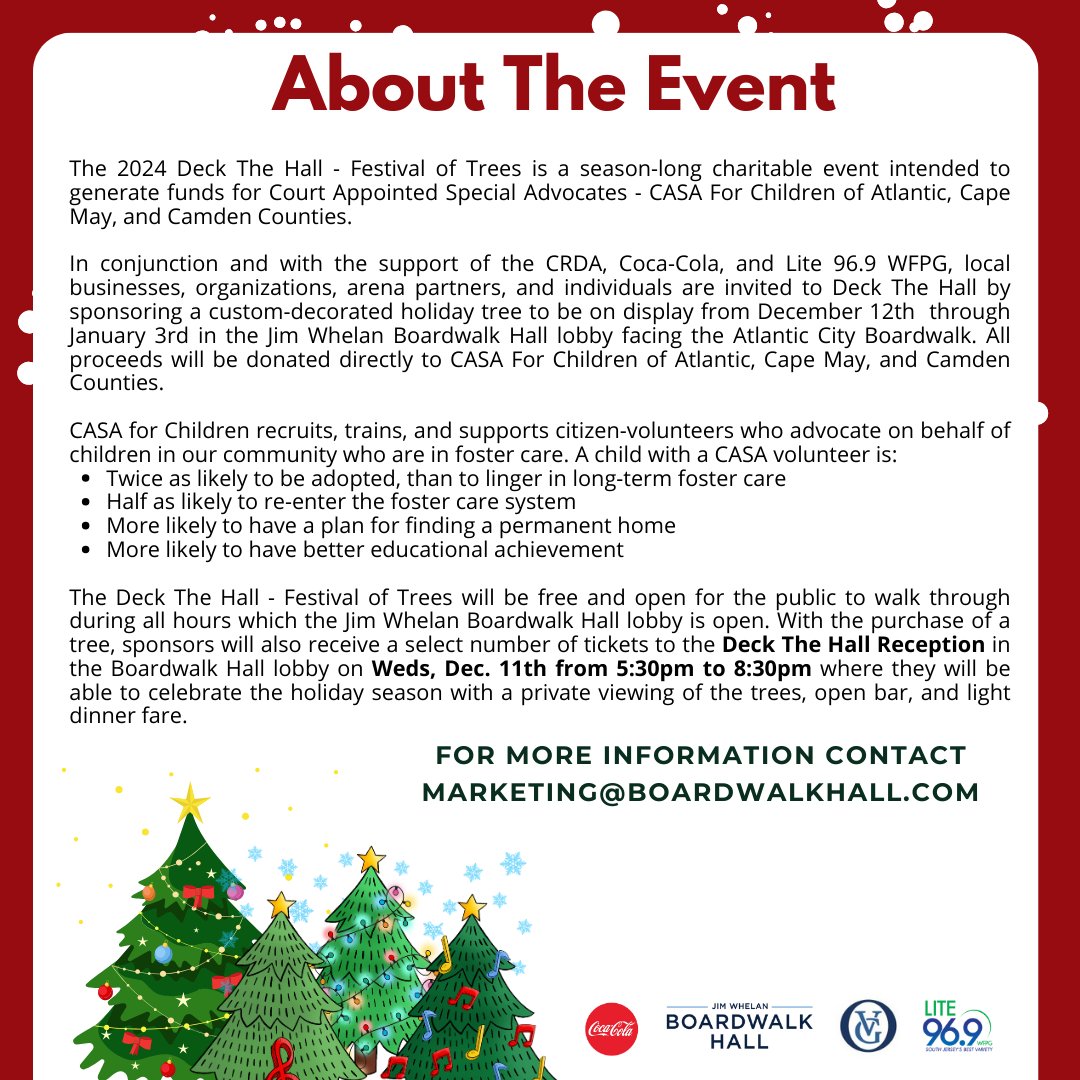 Jim Whelan Boardwalk Hall (@boardwalkhall) on Twitter photo 🎄 The 8th Annual Deck The Hall - Festival of Trees is almost here! 🎄
Join us in spreading joy and making a difference for CASA for Children of Atlantic, Cape May, and Camden. Want to learn how you can get involved? Email us at Marketing@BoardwalkHall.com! 🎄 The 8th Annual Deck The Hall - Festival of Trees is almost here! 🎄
Join us in spreading joy and making a difference for CASA for Children of Atlantic, Cape May, and Camden. Want to learn how you can get involved? Email us at Marketing@BoardwalkHall.com!