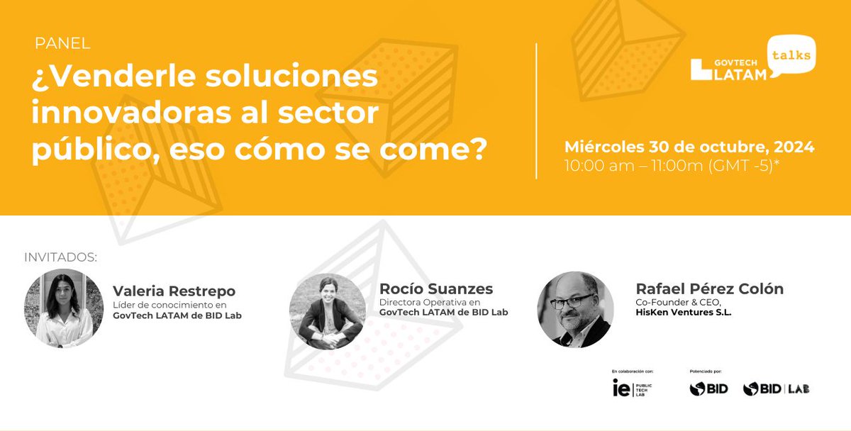 corlabgob's tweet photo. #Corlabinvita a participar de @govtechlatam Talk
Acompáñanos a conversar con Valeria Restrepo, Rafael Pérez Colón y @rociosuanzes sobre cómo las startups de base tecnológica están vendiendo sus soluciones al sector público.
🗓️30/10 - 12 pm Arg 
+: https://t.co/vzSQKcNOJg https://t.co/G9Qsa4sWOB